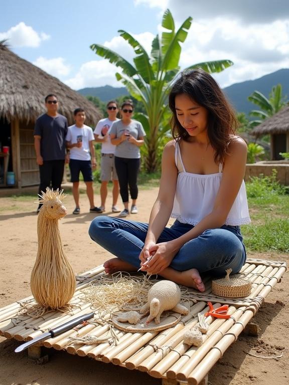 A young woman of Southeast Asian descent sits cross-legged on a bamboo platform. She wears jeans and a white off-shoulder top. Focused on crafting a chicken head model from thin strips of light material. In front of her are detailed sculptures of a rooster a hen and a pig. Scissors knife and raw materials are near her feet. Background shows a rural village setting in Cambodia. Four tourists stand nearby one taking a picture. Traditional thatched-roof houses and green vegetation with banana trees are visible. The scene highlights traditional craftsmanship.