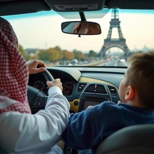 View from outside the driver's window of an Arab man driving family in dark blue and gold car with Eiffel Tower in background out of focus.
