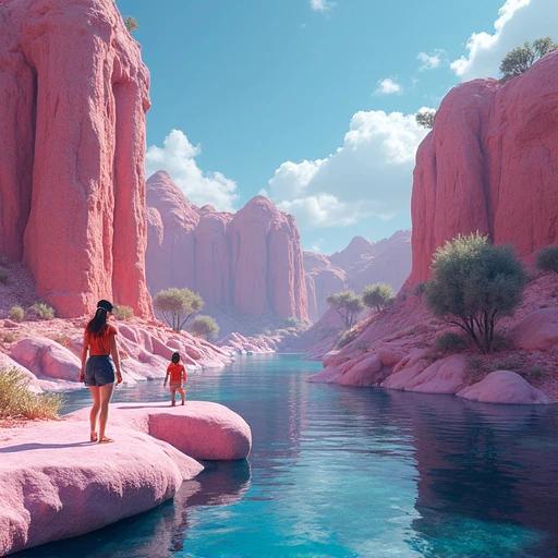 Design a vibrant landscape with pink rocks and a tranquil lake. Users can see a woman and child exploring the area. The sky has fluffy clouds.