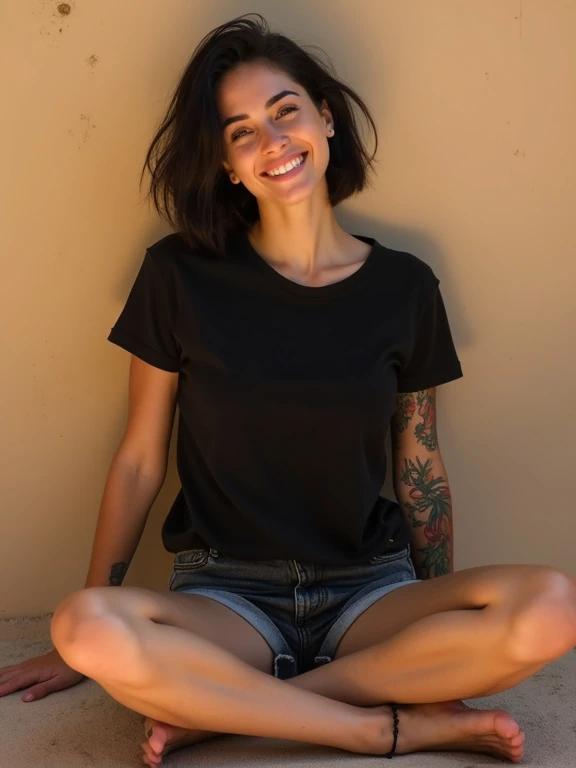 A young stylish woman sits on the floor wearing a black T-shirt and charcoal denim shorts. She has short black hair and is relaxed against a sand-colored wall. The scene is in soft sunlight, capturing a simple and clean aesthetic. Her arm features colorful tattoos. The arrangement emphasizes her casual style and comfort.
