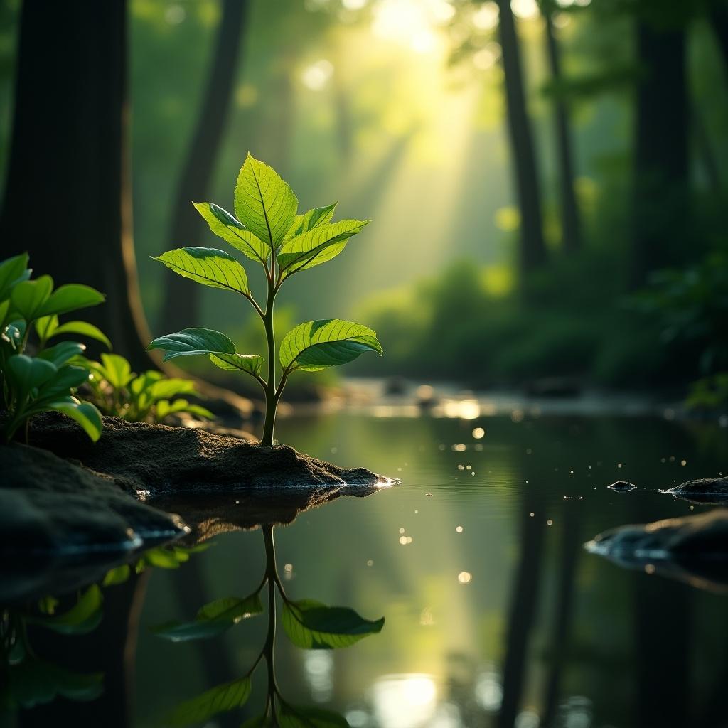 A lush forest scene with a sunlit plant reflecting in a calm pond.