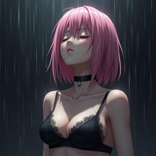 2D digital painting medium shot low angle Sakura Haruno Naruto shoulder-length pink hair wet face neck tilted back eyes closed heavy rain pale skin glistening reflective water droplets wearing black lace bra thin black choker soft diffused overhead light soft specular highlights desaturated monochromatic color palette grey black pale skin tones melancholic intimate serene dark out of focus background semi-realistic anime art style soft blended shading high detail atmospheric lighting vibrant colors sunshine detailed background