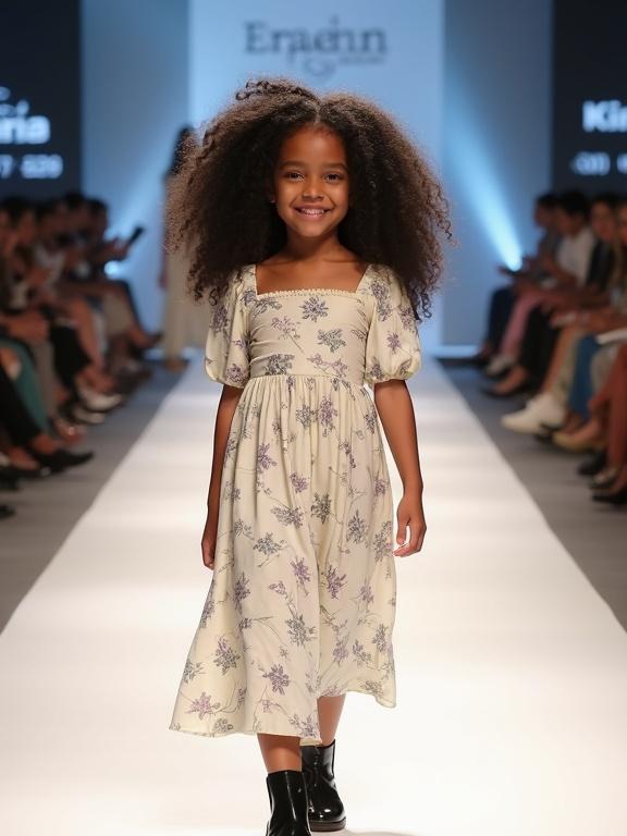 A young girl with curly hair walks down a runway smiling. She wears a floral-patterned midi dress that is white or off-white. The dress has short puffy sleeves and a fitted bodice. The background shows a sign for Kira Shop. She wears black boots.