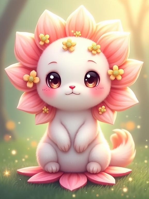 Enchanting flower sprite with soft white fur and pink petals. Features rosy cheeks and large, shiny eyes. Surrounded by a magical environment, with a flowery base and sparkles.