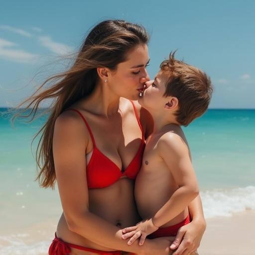 A woman in a red bikini kisses a boy child on her lap at the beach