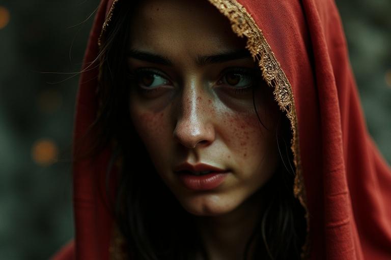 A close-up image of a figure in a crimson veil. The atmosphere is dark and moody. Light flickers unevenly casting shadows. The background is abstract and fractured. The colors are deep and earthy. The overall feeling is one of sorrow and intensity.