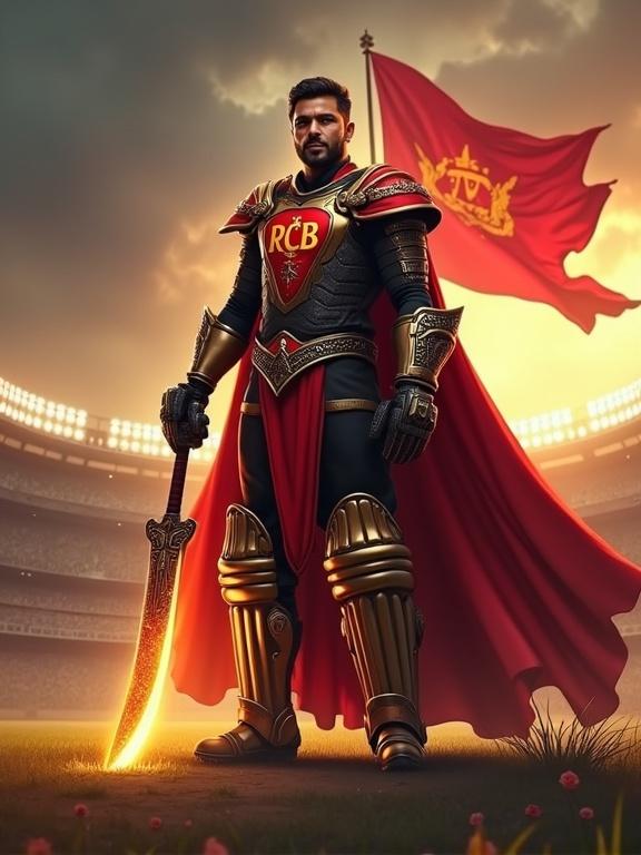 Heroic warrior king in majestic armor inspired by RCB colors stands proudly on battlefield. Wears royal red cape and chestplate with RCB logo. Holds glowing cricket bat like a legendary sword. Divine stadium background with stormy sky and RCB flag flying. Expression of calm resolve and strength.