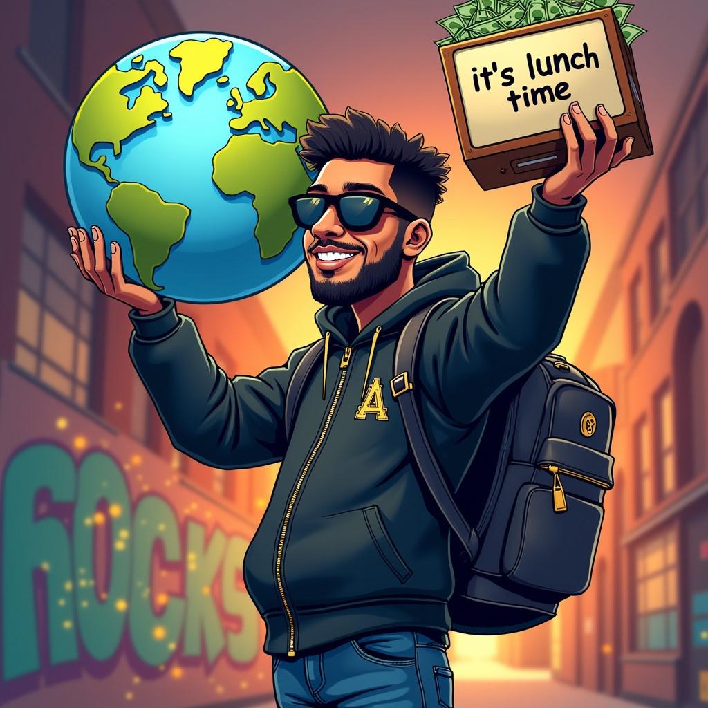 Cartoon of a rapper in a black jacket sunglasses in an urban setting graffiti holding the world money lunch box coins flying lunch box text it's lunch time logo size 500x500