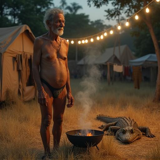 Aged man stands in yellow grass at dusk. He wears minimal clothing. Smoke rises from a charcoal grill. Soft light from hanging bulbs. Crocodile creature watches him nearby. Scene is tranquil and slightly surreal with warm tones.