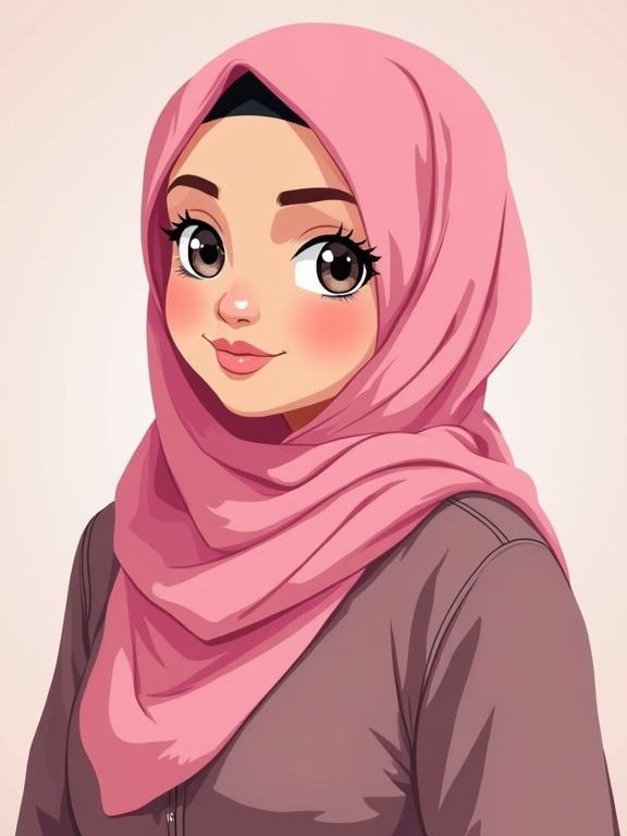 Illustration of a character wearing a pink hijab. The character has a chubby face with large eyes. Confident expression. Looking at the viewer slightly from the side.