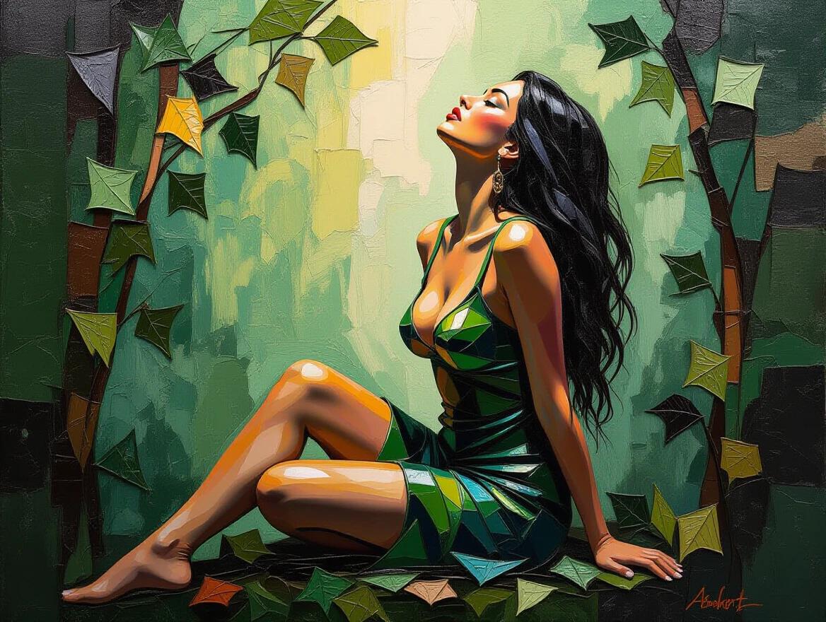 Iridescent ceramic tile and glass mosaic art focuses on an ethereal female figure surrounded by leaves and vines. Mixed media artwork with heavy textures in greens and browns. The figure embodies a wild goddess in profile, showcasing an abstract interpretation of beauty and nature.