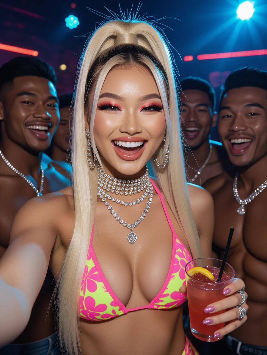Hot asian model wearing a bright pink bikini. High blonde ponytail styled elegantly. Heavy crystal jewelry sparkling in the nightclub's lights. Bright makeup complementing the energetic atmosphere. Smiling excitedly while holding a cocktail. Taking a selfie surrounded by muscular friends in a party setting.