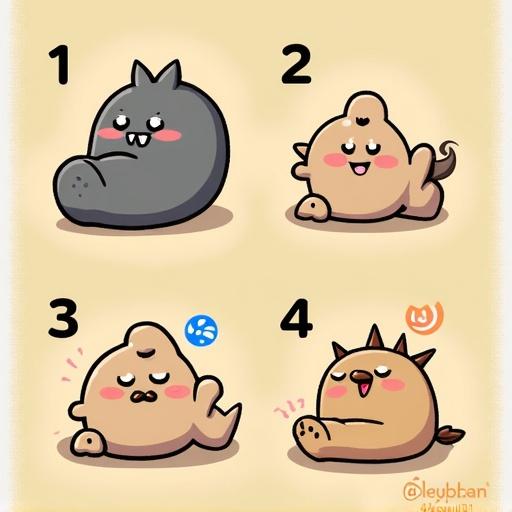 Four panels of cute cartoon characters with playful expressions inspired by a conversation about comics. First panel shows a character asking about webtoons. Second panel shows excitement about drawing a photo as a character. Third panel depicts chatting with the character. Fourth panel expresses enthusiasm about its potential success.