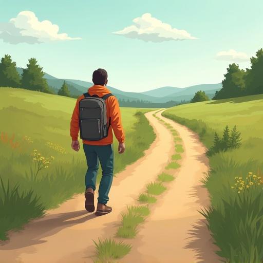 Illustration shows a person walking away on a long rural road. The character carries a backpack. The scene represents a peaceful countryside with soft lighting. Natural details are included. Text in corner reads 'go – went – gone'.