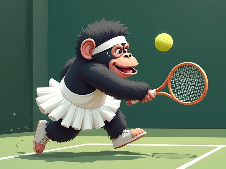 Cute whimsical gorilla in a white tutu tennis outfit reaching to hit the ball funny expression exaggerated reach and sweat as she runs on the tennis court