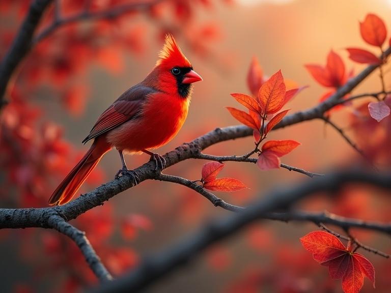A vibrant red cardinal perches on a tree branch. The branches are adorned with glowing red leaves. The background has a warm autumn ambiance.