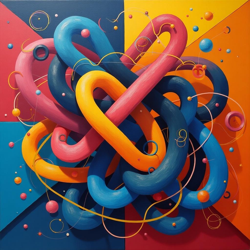 Colorful abstract art featuring intertwined loops. Background is divided into bright geometric shapes. Prominent use of vibrant colors like red, blue, and yellow. Circular elements enhance the dynamic composition.