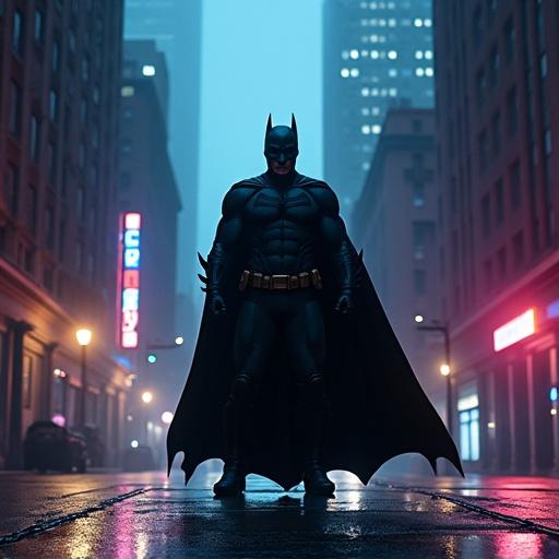 Create an image of Batman standing in the middle of a street surrounded by tall buildings from a vanishing point perspective. The ground should be wet with purple and blue neon lights reflecting on the pavement and buildings. Batman's suit should be from the Dark Knight Rises movie.