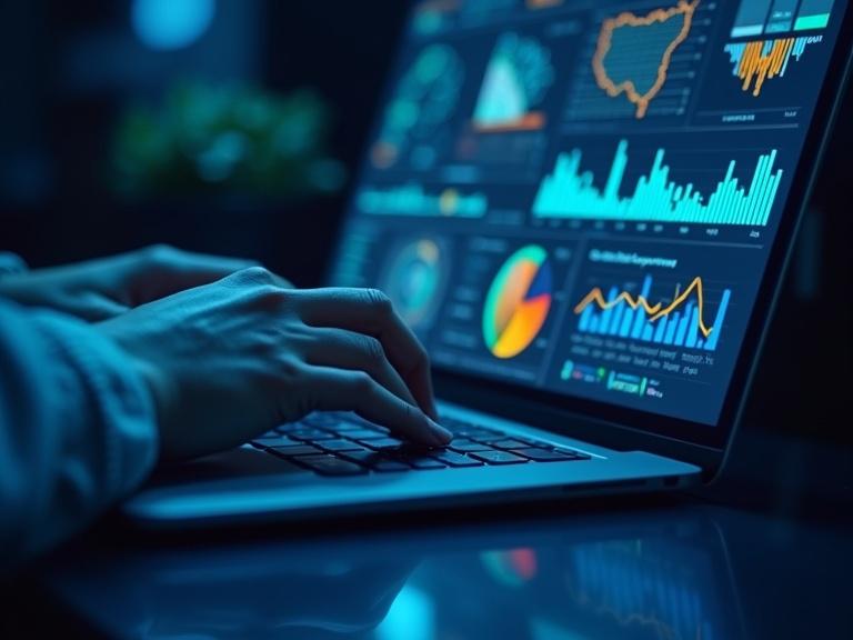 Close-up of hands interacting with a laptop. Surrounding vibrant data visualizations and AI graphics. Dimly lit with a blue hue. Focus on sleek design and futuristic elements.