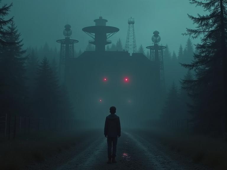 Shadowy military base features radar dishes and watchtowers surrounded by an eerie forest. Glowing red lights are prominent. A young boy stands with psychic powers. Inspired by Stranger Things. The scene is lit cinematically, enhancing the ominous mood.