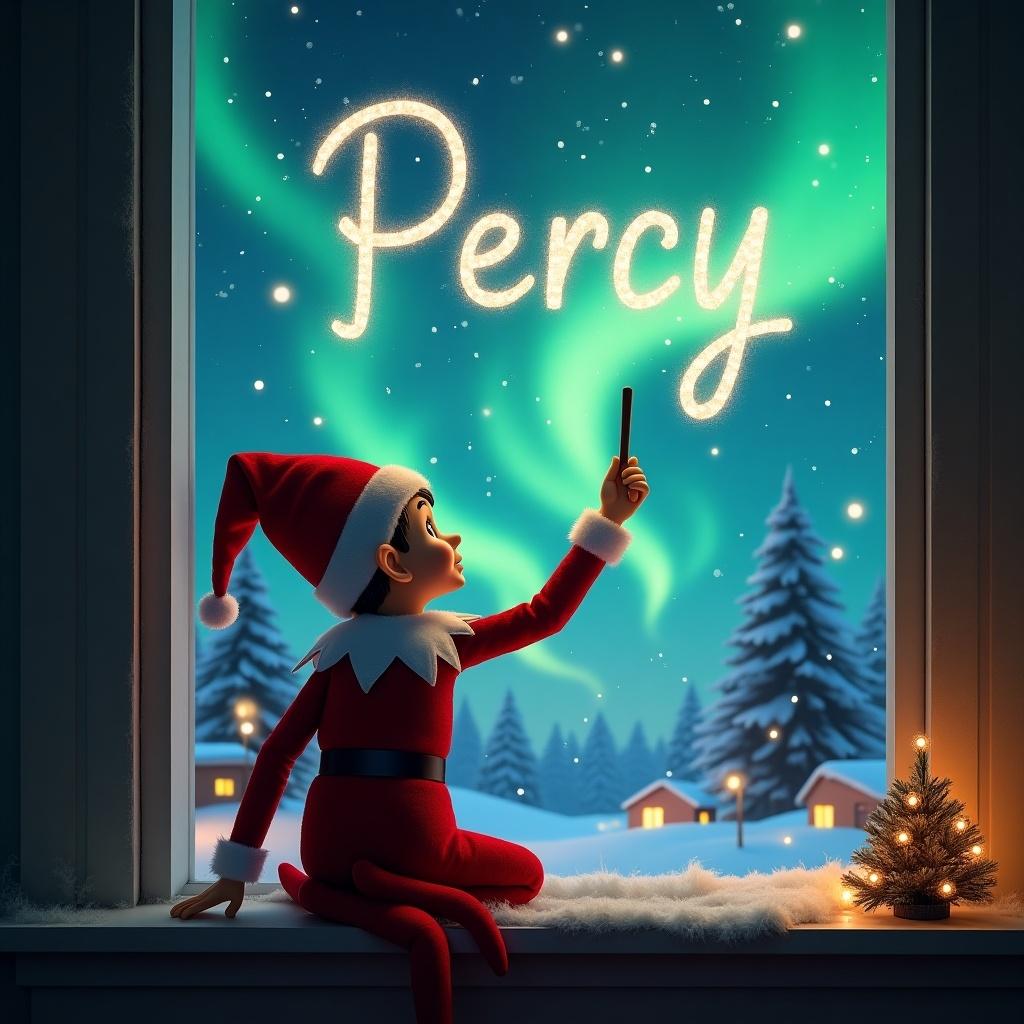 The image features an elf on the shelf with his back turned, gazing upward into a magical night sky. He is using a wand to write the name 'Percy' in sparkling letters. The background is filled with vibrant northern lights illuminating a serene winter scene. Snow-covered trees and charming houses can be seen, evoking a cozy, festive atmosphere. A small Christmas tree is visible in the foreground, adding to the holiday charm. This enchanting image captures the spirit of the season beautifully.