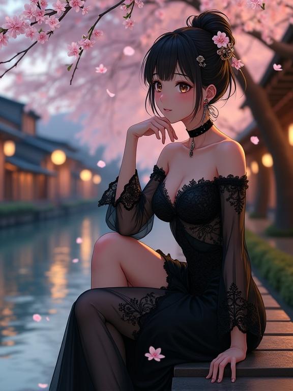 Anime-inspired woman seated by a river near Kyoto. Elegant posture and black lace dress in a cherry blossom setting. Warm lantern light creates a dreamlike atmosphere. Surroundings include traditional buildings and gently falling petals. A serene blend of grace and beauty.