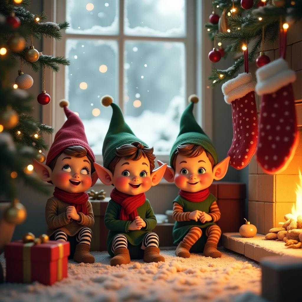 Three elf figures sitting by a fireplace decorated for Christmas with presents and stockings. Elves are wearing colorful outfits and smiling. Soft background shows a snowy window.