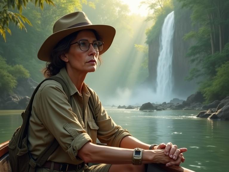 Portrait of a woman in explorer attire on a jungle river. She appears serious while gripping a boat's tiller. Lush greenery surrounds with a prominent waterfall in the background. Morning light creates a misty atmosphere.