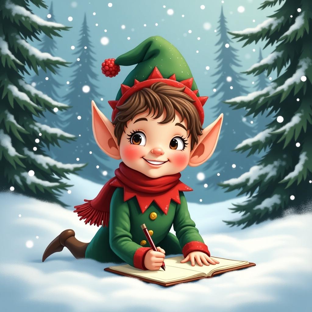 An elf is sitting in the snow, writing Katie in the snow. There are Christmas trees in the background. The elf wears a festive outfit with a hat and scarf.