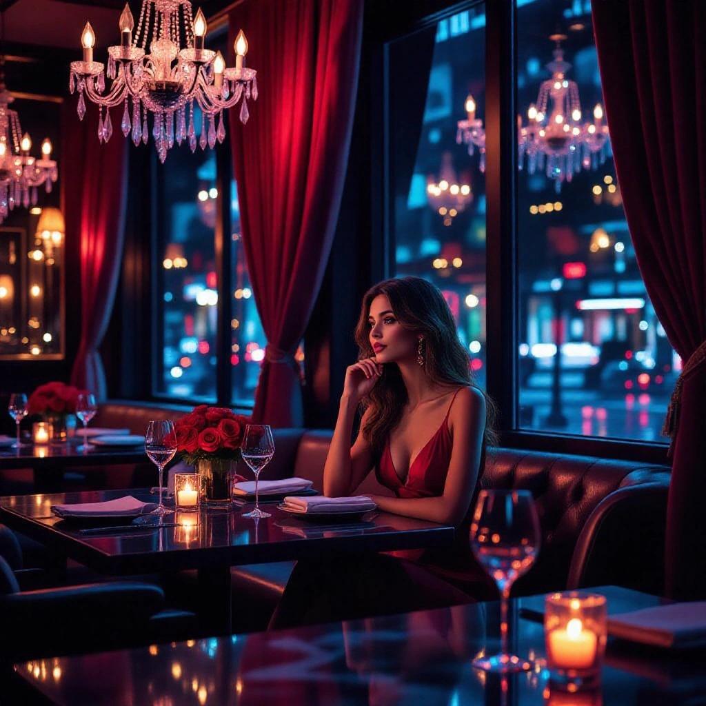 Inside a luxurious restaurant at night with cozy decor. Modern style with neon lights in pink and lavender. Intimate tables illuminated by crystal chandeliers. Red roses and candles on each table. A beautiful young woman in a flowy red dress sitting with a glass of wine. She gazes dreamily out the large windows. Vibrant yet warm atmosphere with glowing bokeh effects. Reflective marble floor with soft highlights.