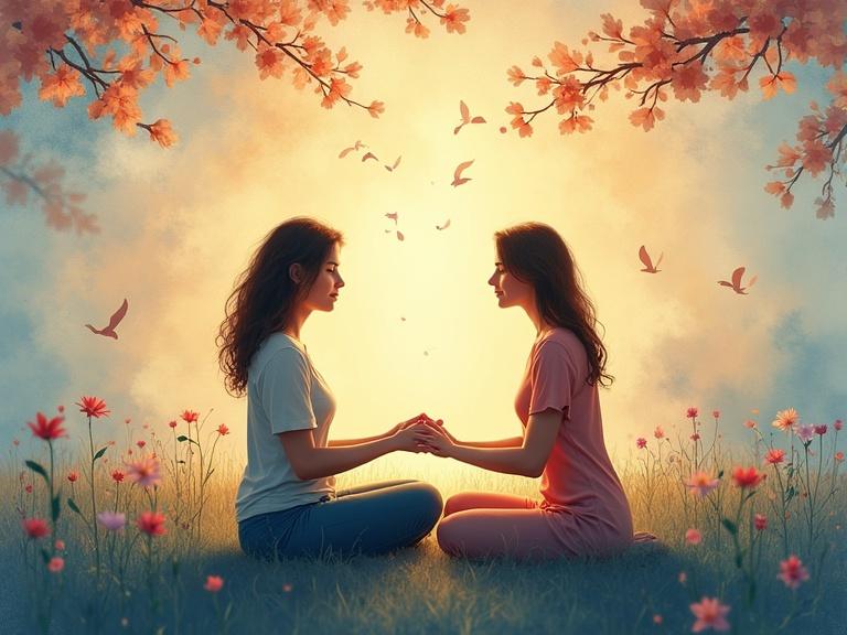Artistic portrayal of two women holding hands during menopause journey. Intimacy and support are conveyed through soft light and warm pastels. Abstract symbols in background represent trust, affection, and emotional growth. Includes subtle references to sexual health. Dreamlike realism art style. Women express calm and connected emotions.