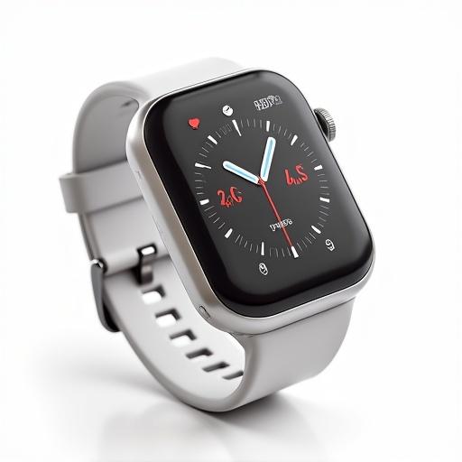 Realistic 3D icon of a medical smartwatch showing heart rate, oxygen, temperature on a white background.