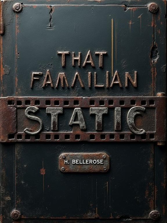 Dark industrial book cover features a corroded film strip. Black matte background with vertical paint streaks. Title appears crooked in dark metal texture at the top. Author name on a small corroded metal plaque below. Overall gritty aesthetic.