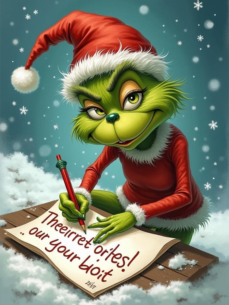 Grinch wearing Santa hat. Grinch is writing on a large sheet of paper. Snowy background. Grinch has a mischievous expression.