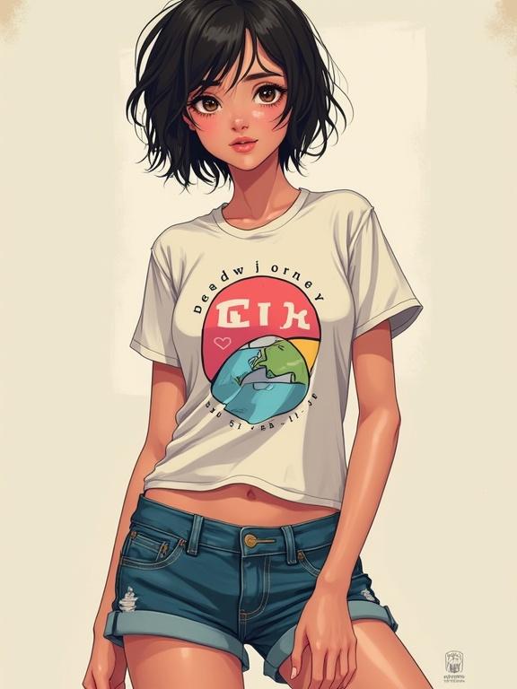 Upper body portrait of a teenage girl. She has a cute face with hazel eyes. Her hair is short and dark, messy and wavy. The girl has a slender body and narrow waist. She is wearing a graphic t-shirt and denim shorts.