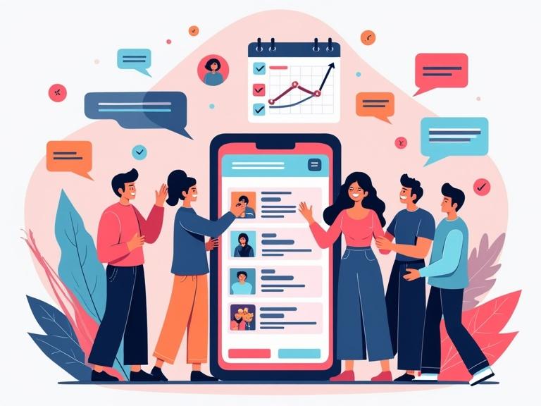 Motivational digital illustration showing diverse group of creators and small business owners celebrating around smartphone. Screen displays viral videos and rising engagement graphs. Floating icons for success strategies like trending audio waves and branded hashtags. Above, checklist with highlights like Authenticity and Trends. Background has roadmap connecting past success stories to future opportunities.