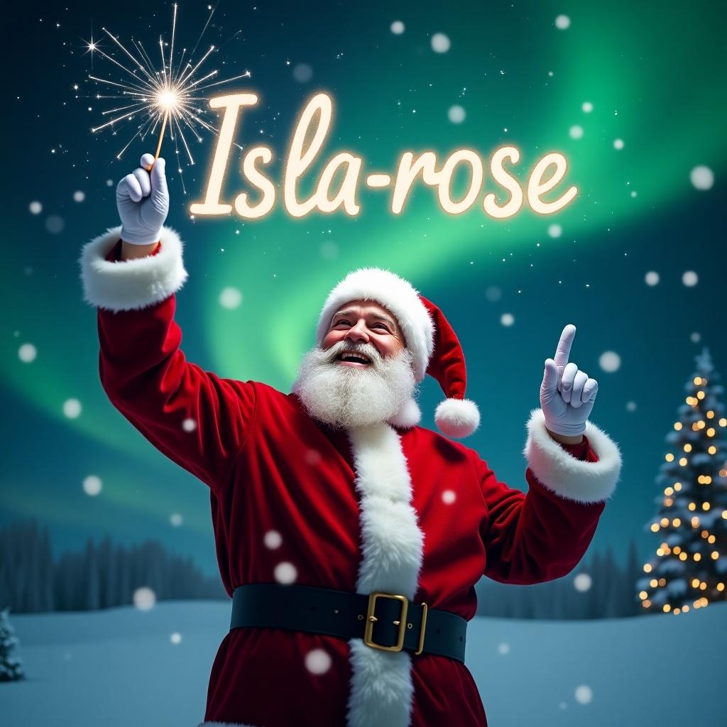 The image captures a magical moment in a winter wonderland. It features Santa Claus in his classic red suit, joyfully pointing upward. He seems to be writing the word 'Isla-rose' in the sky with a sparkling wand. Surrounding him, snowflakes fall softly, adding to the festive feel. The enchanting northern lights create a magical backdrop, enhancing the scene's charm. This image embodies the spirit of Christmas and joy during the holiday season.