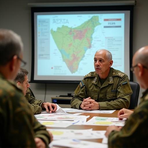 Israeli Defense Minister converses with military commanders in a war room. Maps and reports on a table. Location is the Israeli Defense Ministry. Focus on strategy against Hamas.