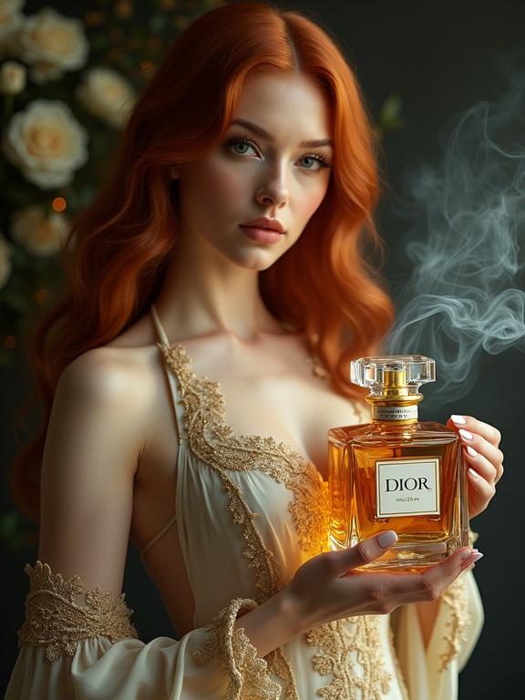 Create a detailed image of a woman with long wavy red hair in a luxurious vintage dress. She holds a large ornate perfume bottle labeled 'DIOR'. Wisps of smoke rise from the bottle. Soft diffused lighting from above creates gentle shadows. Dark background with white roses adds elegance.