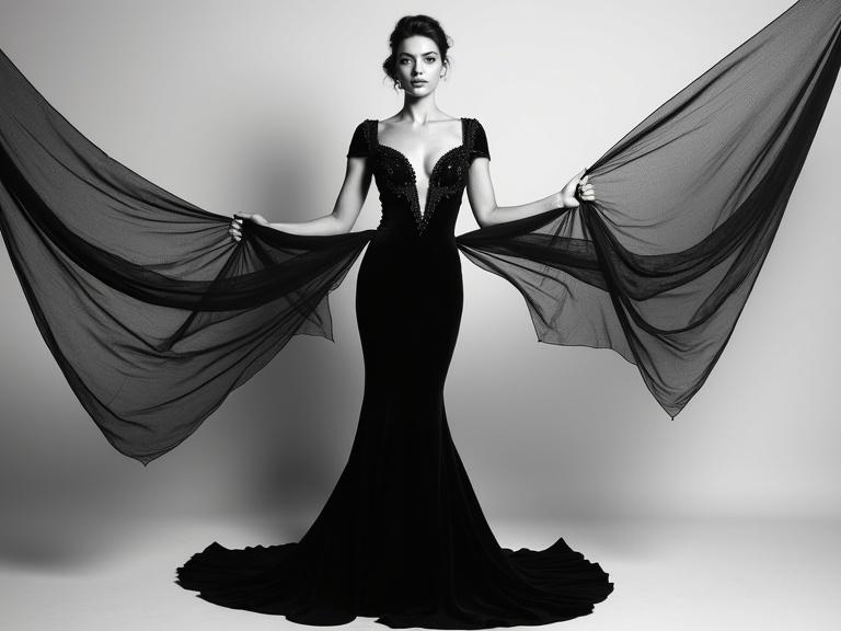 Sophisticated black and white fashion photograph featuring a woman in an elegant evening gown with flowing fabric. Central pose with arms outstretched, showcasing fitted bodice and flowing skirt. Soft direct lighting, emphasizing form and line against a plain background.
