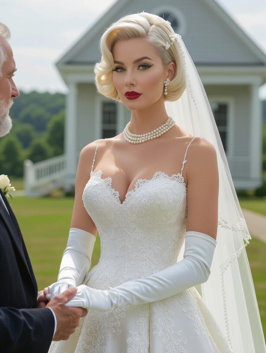 Portrait of a 1960s woman in wedding attire. Voluminous platinum blonde hairstyle. Pearl necklace and diamond earrings. Flawless makeup with winged eyeliner and ruby red lipstick. Form fitting lace wedding dress with elbow long white gloves. Holding hands with an older man in a suit. Outside a small town church with soft lighting. Mid-century sophistication and vibrant colors.
