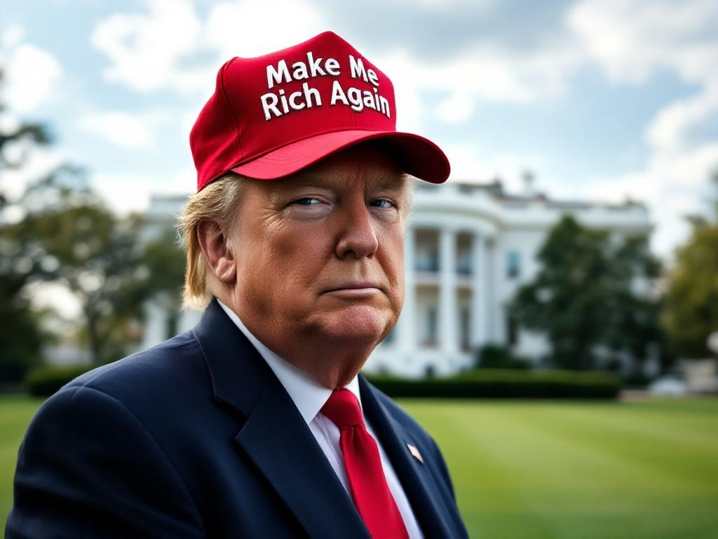 Man on the lawn of the White House. Wearing a red hat with 'Make Me Rich Again'. Serious expression. Background features the White House.