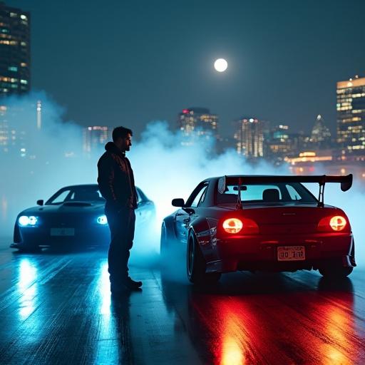 Cinematic ultra-realistic scene of street racing at night. Two custom cars are drifting with tire smoke. A young man stands next to a black car. City skyline and glowing moon in background. Dramatic lighting and reflections on wet asphalt.