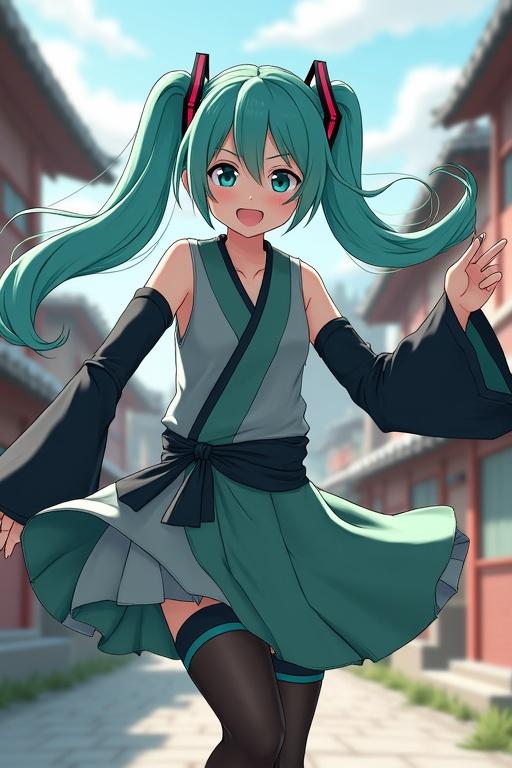 Hatsune Miku dressed in a Konoha Village ninja uniform dances and sings in the streets of Konoha with a headband. Background features traditional architectural elements.