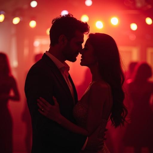 Three couples dance romantically at a vibrant party with red lights and a lively atmosphere.