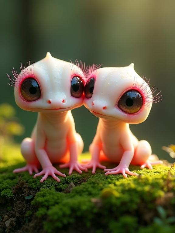 Two identical fantasy creatures inspired by geckos or axolotls. They look gelatinous and glowing with a pale pastel color palette. Large expressive eyes and long pink lashes. Sitting on vibrant green moss with a blurred natural background. The scene evokes magic and innocence.