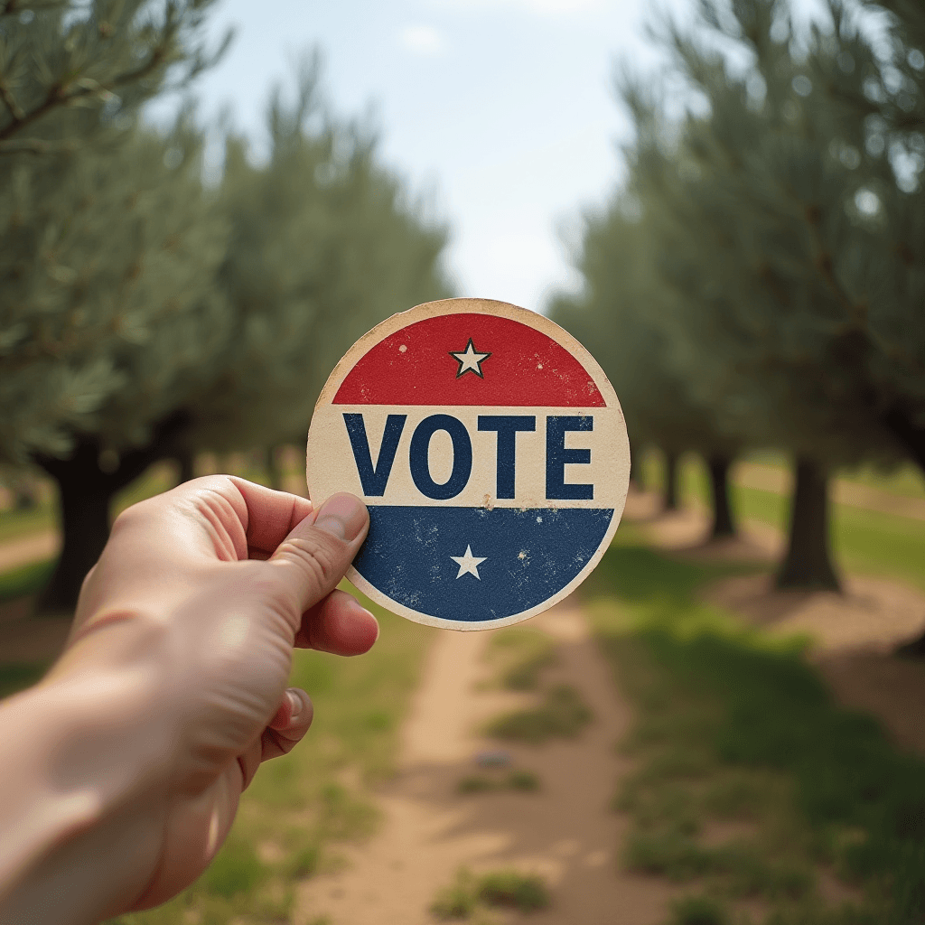 A hand holds a vintage-style 'VOTE' sign in a sunlit, tree-lined pathway.