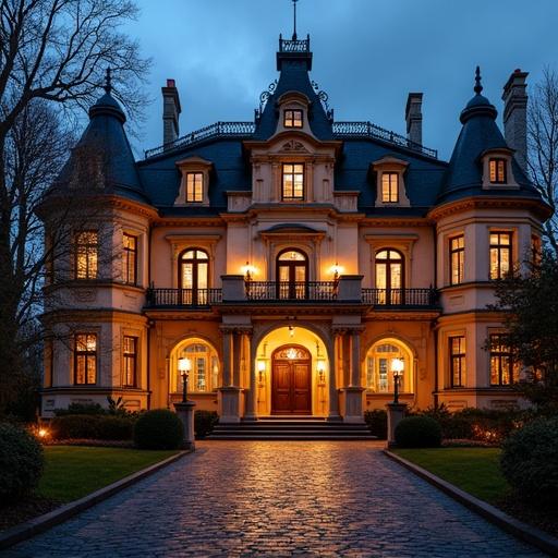 Image of an enchanting grand hotel resembling a mansion with detailed architecture and warm evening lighting. The grand hotel showcases architectural details with inviting design. The setting is elegantly designed and warm lighting creates an enchanting atmosphere.