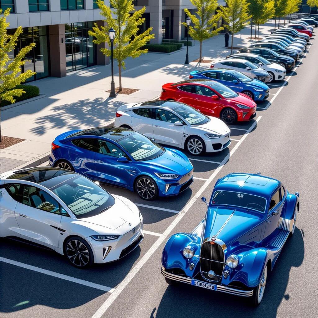 Photorealistic image showing a busy city parking lot. Street lined with modern self-driving cars parked at 45-degree angles. In the background, a vintage Bugatti T35 in vibrant French Racing Blue. Image features extreme bokeh effect in foreground and sharp details on Bugatti. Twilight lighting with reflections on the wet pavement.