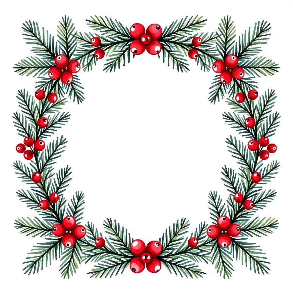 A round Christmas wreath made of fresh pine branches and bright red berries. The image has a soft flat vector style with a cheerful tone. The middle space is blank for text. Bright colors evoke a festive mood. Watercolor painting with a minimalist approach. Snow accents create a natural look.